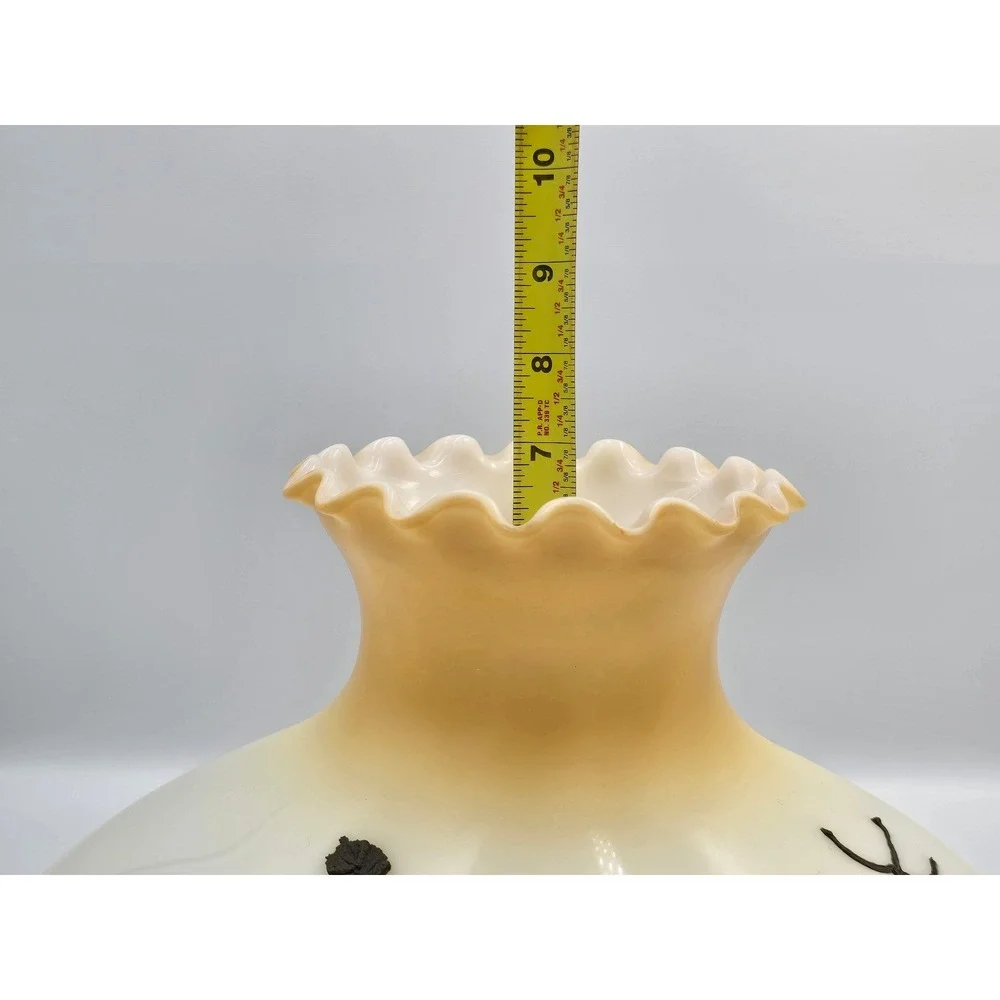 Vintage Frosted Glass Lamp Shade Amber Tint Floral Applique Ruffled‎ Rim, large